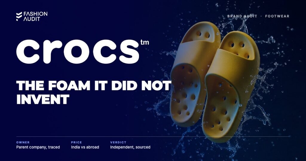 Crocs brand audit by FashionAudit: Crocs logo over a pair of brightly coloured lightweight foam sandals with ventilation holes
