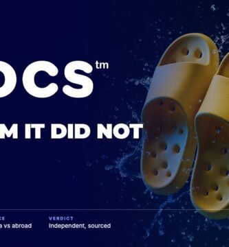 Crocs brand audit by FashionAudit: Crocs logo over a pair of brightly coloured lightweight foam sandals with ventilation holes