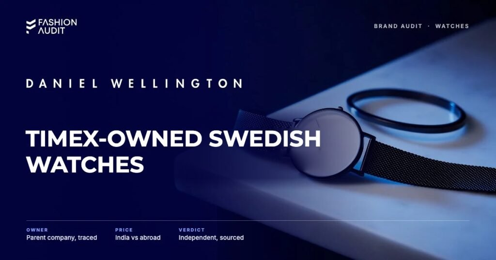 Daniel Wellington brand audit by FashionAudit: Daniel Wellington logo and the headline “Timex-Owned Swedish Watches” over a minimalist thin-cased watch with a clean white dial and a black mesh strap