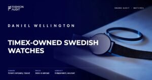 Daniel Wellington brand audit by FashionAudit: Daniel Wellington logo and the headline “Timex-Owned Swedish Watches” over a minimalist thin-cased watch with a clean white dial and a black mesh strap