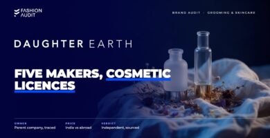 Daughter Earth brand audit by FashionAudit: Daughter Earth logo over clean-beauty serum bottles with dried botanicals on linen