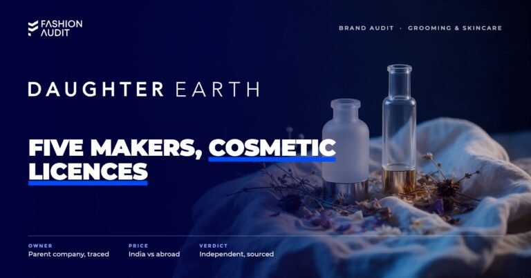 Daughter Earth brand audit by FashionAudit: Daughter Earth logo over clean-beauty serum bottles with dried botanicals on linen