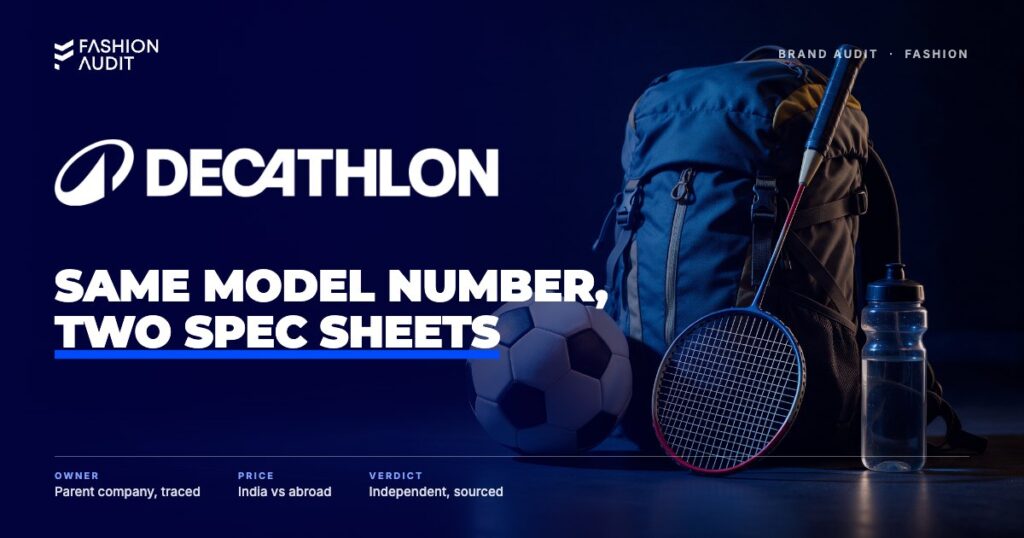 Decathlon brand audit by FashionAudit: Decathlon logo over assorted sports gear: a football, backpack and racket