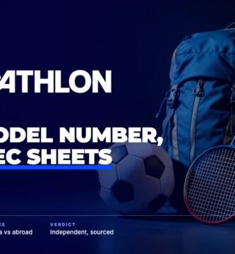 Decathlon brand audit by FashionAudit: Decathlon logo over assorted sports gear: a football, backpack and racket