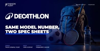Decathlon brand audit by FashionAudit: Decathlon logo over assorted sports gear: a football, backpack and racket
