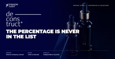 Deconstruct brand audit by FashionAudit: Deconstruct logo over science-backed serum bottles beside a microscope slide