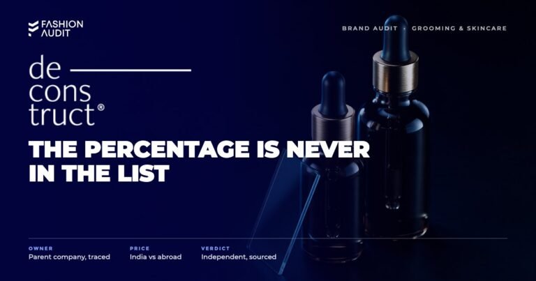 Deconstruct brand audit by FashionAudit: Deconstruct logo over science-backed serum bottles beside a microscope slide