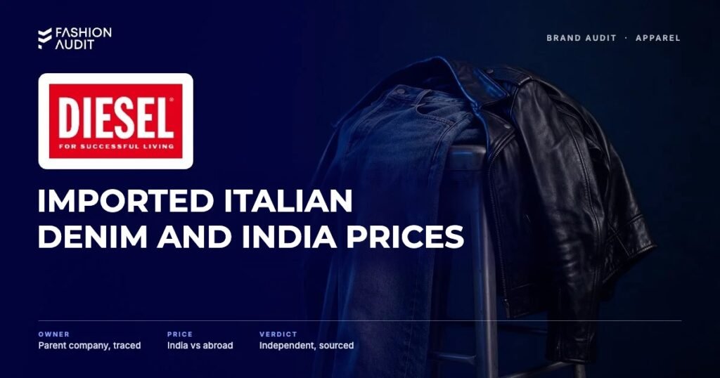 Diesel brand audit by FashionAudit: Diesel logo and the headline “Imported Italian Denim and India Prices” over rugged distressed blue denim jeans and a black leather biker jacket draped over a metal stool