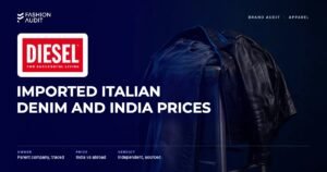 Diesel brand audit by FashionAudit: Diesel logo and the headline “Imported Italian Denim and India Prices” over rugged distressed blue denim jeans and a black leather biker jacket draped over a metal stool