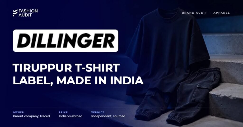 Dillinger brand audit by FashionAudit: Dillinger logo and the headline “Tiruppur T-Shirt Label, Made in India” over an oversized plain streetwear t-shirt and cargo joggers on concrete steps