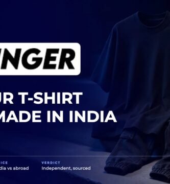 Dillinger brand audit by FashionAudit: Dillinger logo and the headline “Tiruppur T-Shirt Label, Made in India” over an oversized plain streetwear t-shirt and cargo joggers on concrete steps