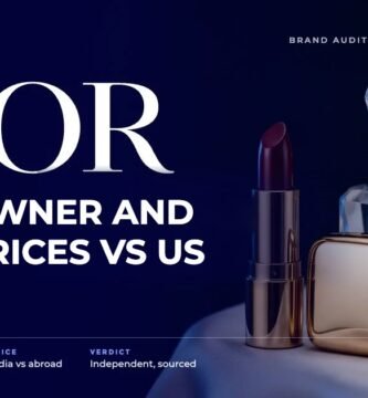 Dior Beauty brand audit by FashionAudit: Dior Beauty logo and the headline “LVMH Owner and India Prices vs US” over a luxury gold lipstick