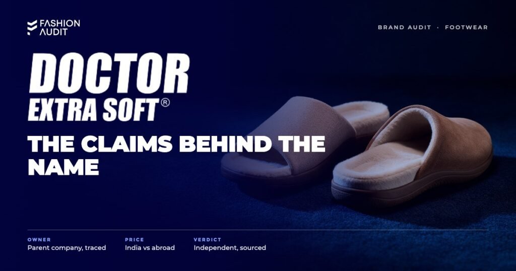 Doctor Extra Soft brand audit by FashionAudit: Doctor Extra Soft logo over soft orthopaedic comfort sandals and slippers on a carpet