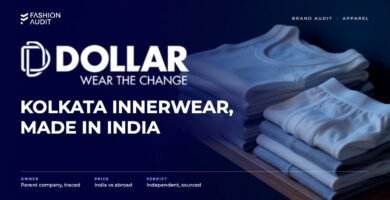Dollar brand audit by FashionAudit: Dollar logo and the headline “Kolkata Innerwear, Made in India” over neatly folded cotton vests and men's briefs in white and grey