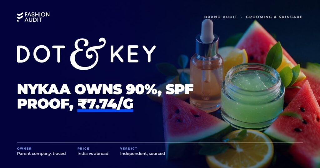 Dot & Key brand audit by FashionAudit: Dot & Key logo over vitamin C serum and watermelon gel with fresh fruit slices