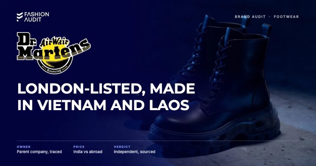 Dr. Martens brand audit by FashionAudit: Dr. Martens logo and the headline “London-Listed, Made in Vietnam and Laos” over a pair of chunky black smooth-leather lace-up combat boots
