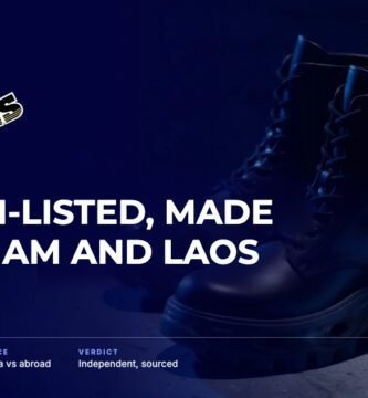 Dr. Martens brand audit by FashionAudit: Dr. Martens logo and the headline “London-Listed, Made in Vietnam and Laos” over a pair of chunky black smooth-leather lace-up combat boots