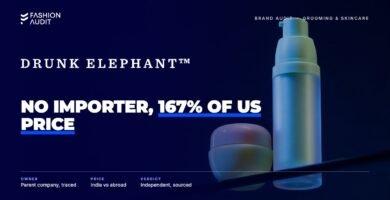 Drunk Elephant brand audit by FashionAudit: Drunk Elephant logo over a pastel serum bottle and cream jar