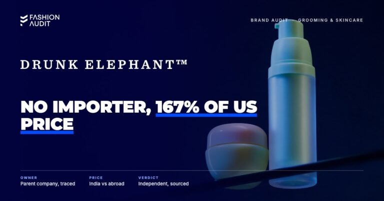 Drunk Elephant brand audit by FashionAudit: Drunk Elephant logo over a pastel serum bottle and cream jar