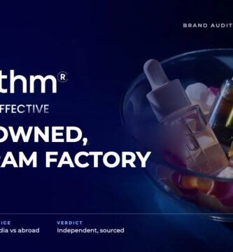 Earth Rhythm brand audit by FashionAudit: Earth Rhythm logo and the headline “Nykaa-Owned, Gurugram Factory” over serums with flower petals in a glass bowl