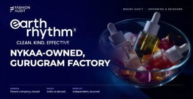 Earth Rhythm brand audit by FashionAudit: Earth Rhythm logo and the headline “Nykaa-Owned, Gurugram Factory” over serums with flower petals in a glass bowl