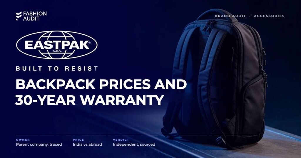 Eastpak brand audit by FashionAudit: Eastpak logo and the headline “Backpack Prices and 30-Year Warranty” over a durable padded daypack in black on a city skate ledge