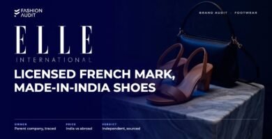 ELLE brand audit by FashionAudit: ELLE logo and the headline “Licensed French Mark, Made-in-India Shoes” over elegant women's block-heel sandals and a mini handbag on a marble plinth