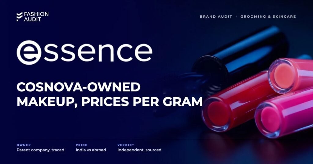 Essence brand audit by FashionAudit: Essence logo and the headline “cosnova-Owned Makeup, Prices Per Gram” over fun affordable mascara and lip glosses in bright colours on glossy surface