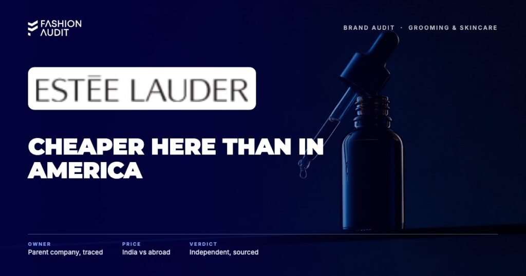 Estée Lauder brand audit by FashionAudit: Estée Lauder logo over an amber night serum dropper bottle