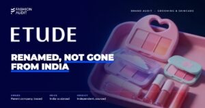 Etude House brand audit by FashionAudit: Etude House logo over cute pastel Korean makeup palettes and lip tints on a pink tray