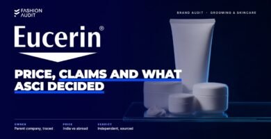 Eucerin brand audit by FashionAudit: Eucerin logo over clinical white tubes and jars of dermatological cream