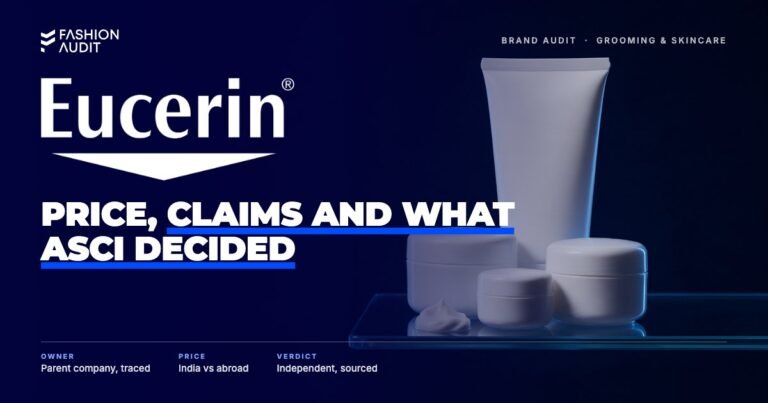 Eucerin brand audit by FashionAudit: Eucerin logo over clinical white tubes and jars of dermatological cream