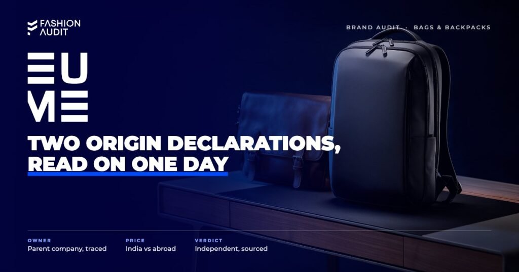Eume brand audit by FashionAudit: Eume logo over a sleek laptop backpack and a leather messenger bag on a modern desk