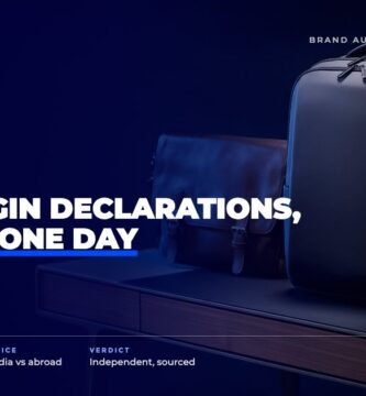 Eume brand audit by FashionAudit: Eume logo over a sleek laptop backpack and a leather messenger bag on a modern desk