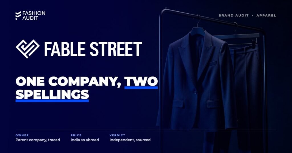 FableStreet brand audit by FashionAudit: FableStreet logo over a tailored women's workwear blazer and trousers on a minimalist rail