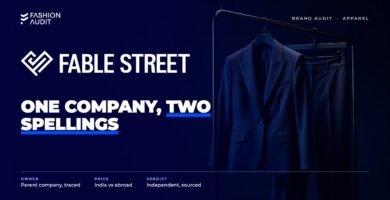 FableStreet brand audit by FashionAudit: FableStreet logo over a tailored women's workwear blazer and trousers on a minimalist rail