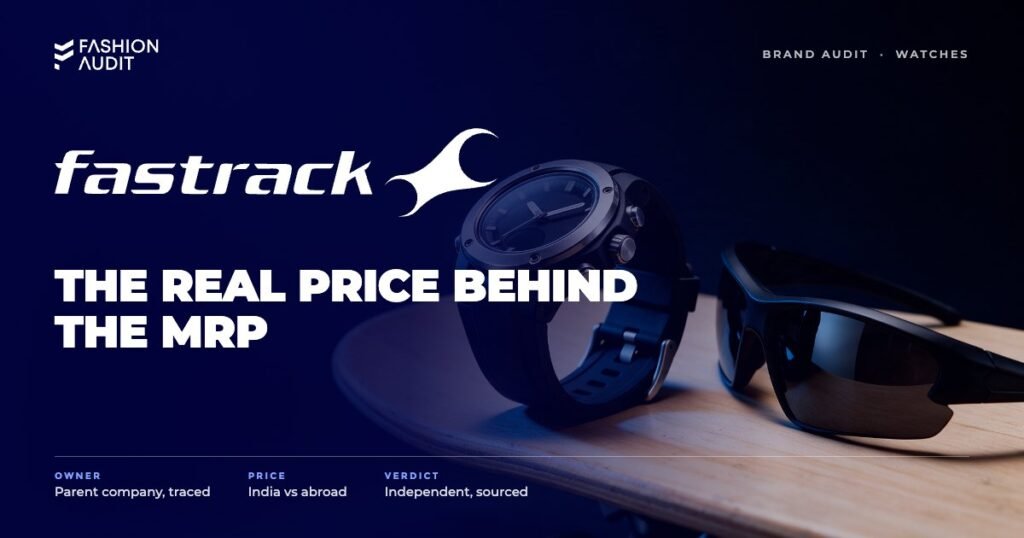 Fastrack brand audit by FashionAudit: Fastrack logo over a bold youthful sports watch and sunglasses on a skateboard deck