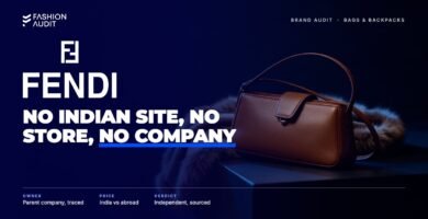 Fendi brand audit by FashionAudit: Fendi logo over a compact baguette-shaped leather shoulder bag in caramel brown and a fur-trimmed scarf
