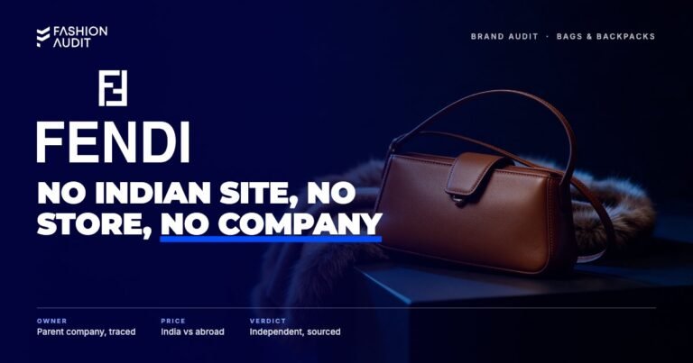 Fendi brand audit by FashionAudit: Fendi logo over a compact baguette-shaped leather shoulder bag in caramel brown and a fur-trimmed scarf