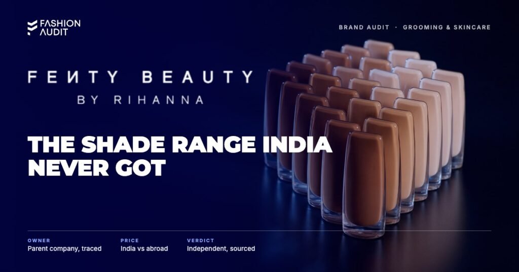 Fenty Beauty brand audit by FashionAudit: Fenty Beauty logo over foundation bottles in many skin tones