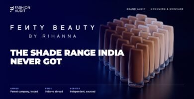 Fenty Beauty brand audit by FashionAudit: Fenty Beauty logo over foundation bottles in many skin tones