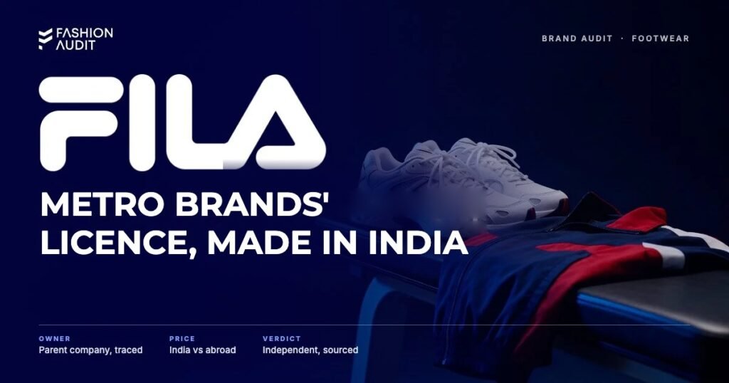 FILA brand audit by FashionAudit: FILA logo and the headline “Metro Brands' Licence, Made in India” over a pair of retro chunky white sports sneakers and a navy-red colour-blocked track jacket