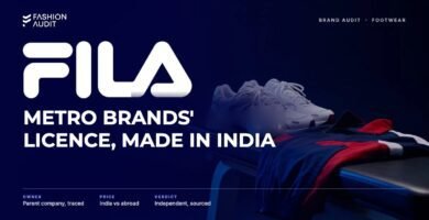 FILA brand audit by FashionAudit: FILA logo and the headline “Metro Brands' Licence, Made in India” over a pair of retro chunky white sports sneakers and a navy-red colour-blocked track jacket