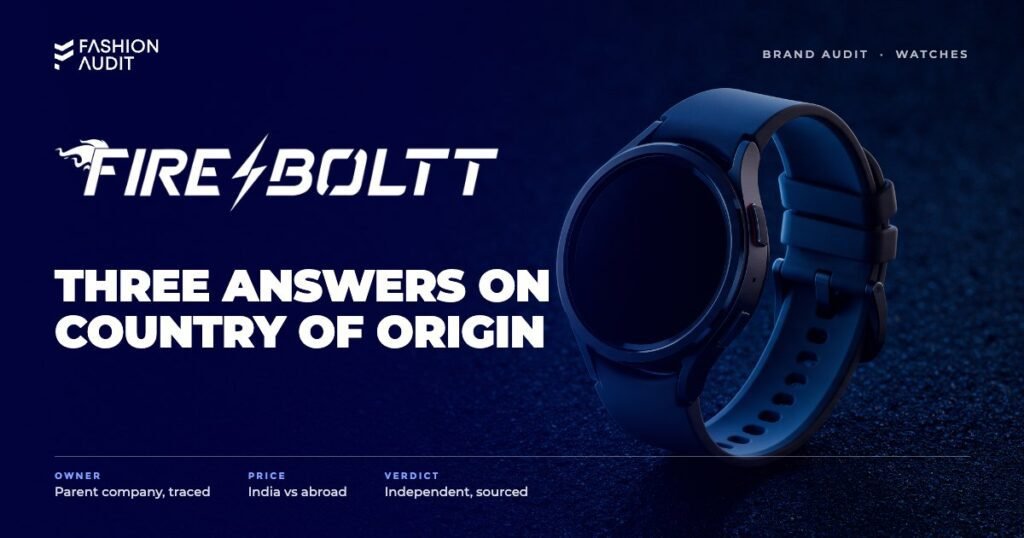 Fire-Boltt brand audit by FashionAudit: Fire-Boltt logo over a sporty smartwatch with a silicone strap on a running track