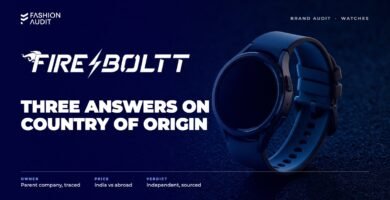 Fire-Boltt brand audit by FashionAudit: Fire-Boltt logo over a sporty smartwatch with a silicone strap on a running track