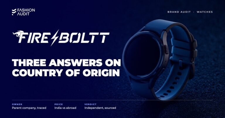 Fire-Boltt brand audit by FashionAudit: Fire-Boltt logo over a sporty smartwatch with a silicone strap on a running track