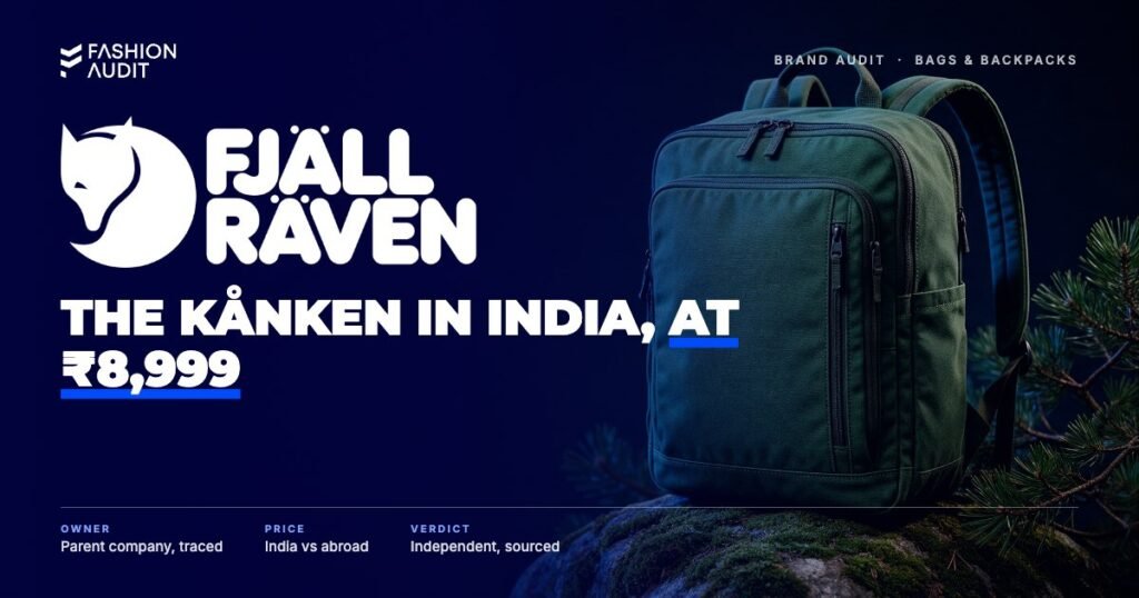 Fjällräven brand audit by FashionAudit: Fjällräven logo over a green canvas daypack on a mossy boulder