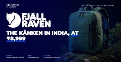 Fjällräven brand audit by FashionAudit: Fjällräven logo over a green canvas daypack on a mossy boulder