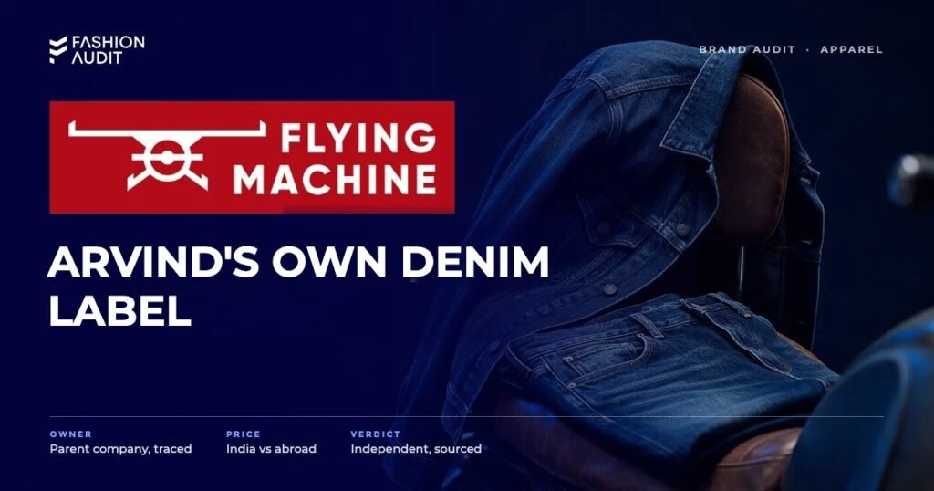 Flying Machine brand audit by FashionAudit: Flying Machine logo and the headline “Arvind's Own Denim Label” over a washed denim jacket and slim jeans on a vintage motorbike seat