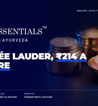 Forest Essentials brand audit by FashionAudit: Forest Essentials logo over ayurvedic luxury cream jars with rose petals and saffron in a brass bowl
